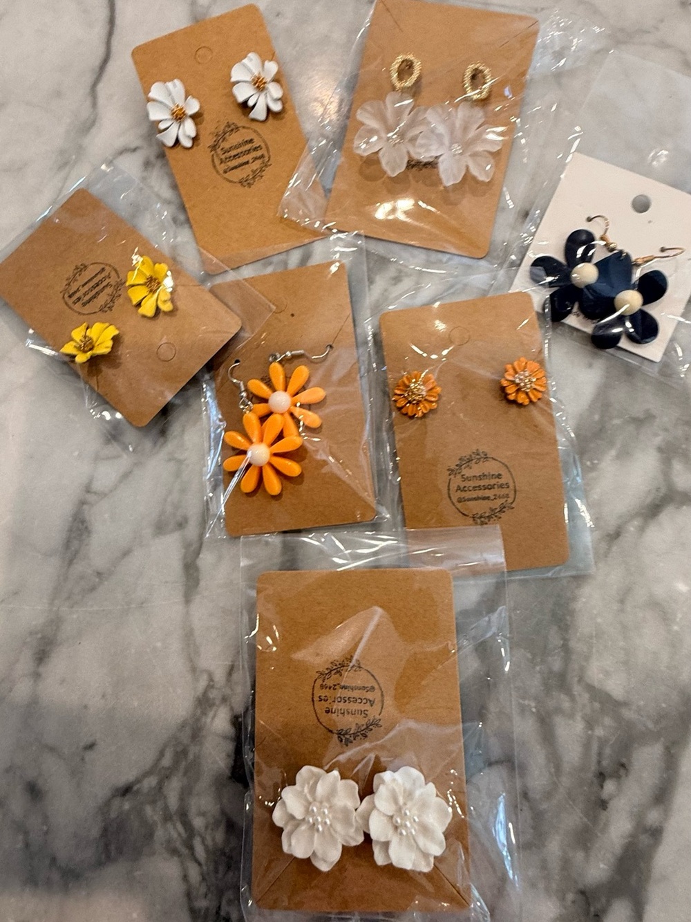 White Floral Earrings - Cute Flower Studs. 7 Pairs.
